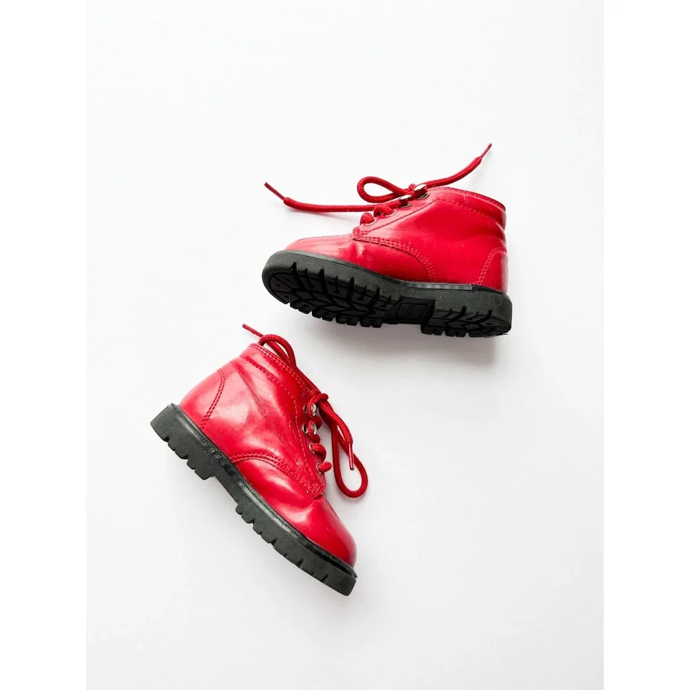 Rainbow tag Gymboree Kids Red Patent Leather Lace Up Ankle Boots Size 5 Toddler - Picture 4 of 6
